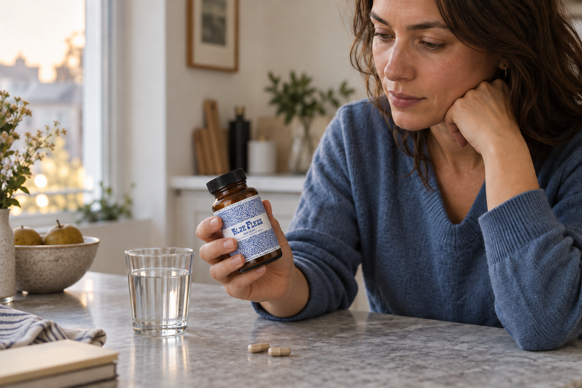 Mujer sosteniendo un frasco de Reishi Blue Flesh junto a un vaso de agua y dos cápsulas sobre la mesa.