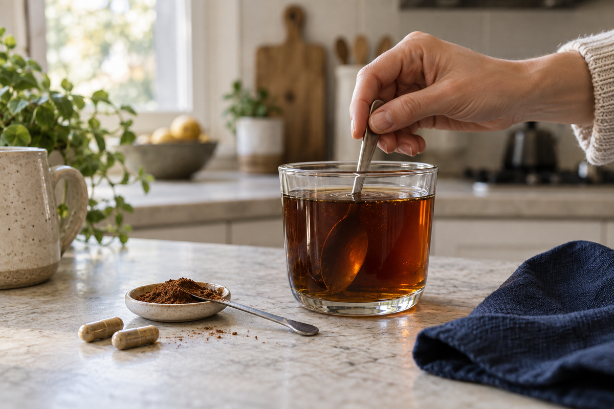 Mano mezclando una infusión de chaga en un vaso, con polvo marrón y dos cápsulas sobre una encimera clara.