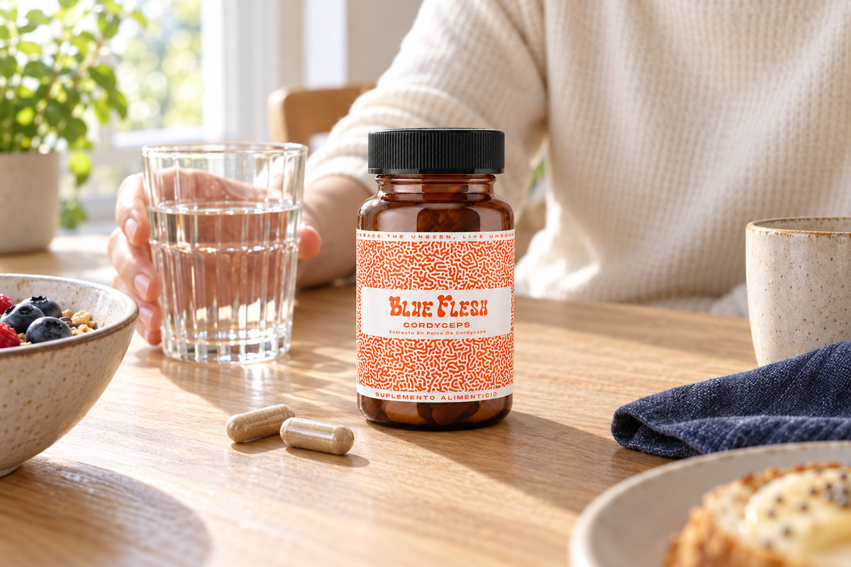 Frasco de Cordyceps Blue Flesh con dos cápsulas sobre una mesa de desayuno y una persona sosteniendo un vaso de agua.