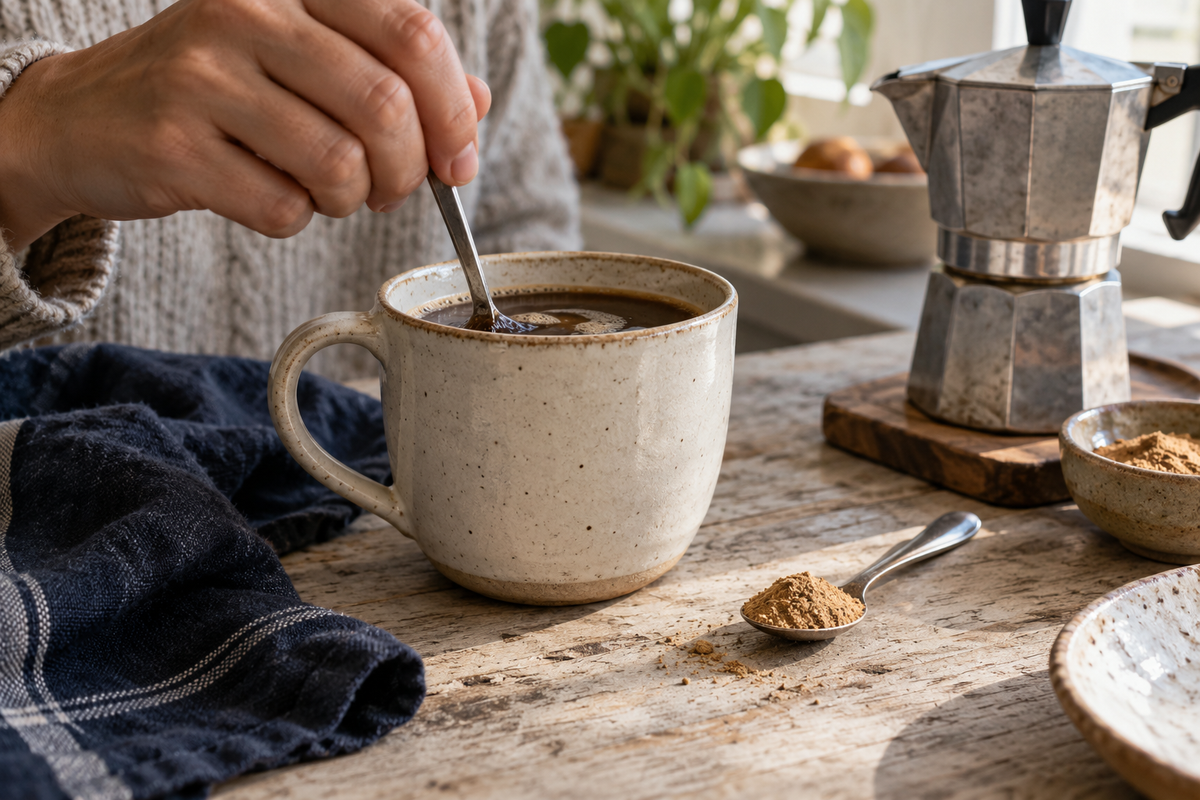 Mano mezclando café en una taza de cerámica, junto a una cucharita con polvo de hongos sobre la mesa de cocina.
