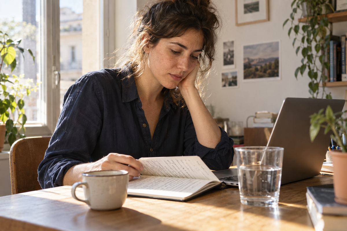 Mujer trabajando con un cuaderno y una computadora portátil junto a un vaso de agua y una taza de café.