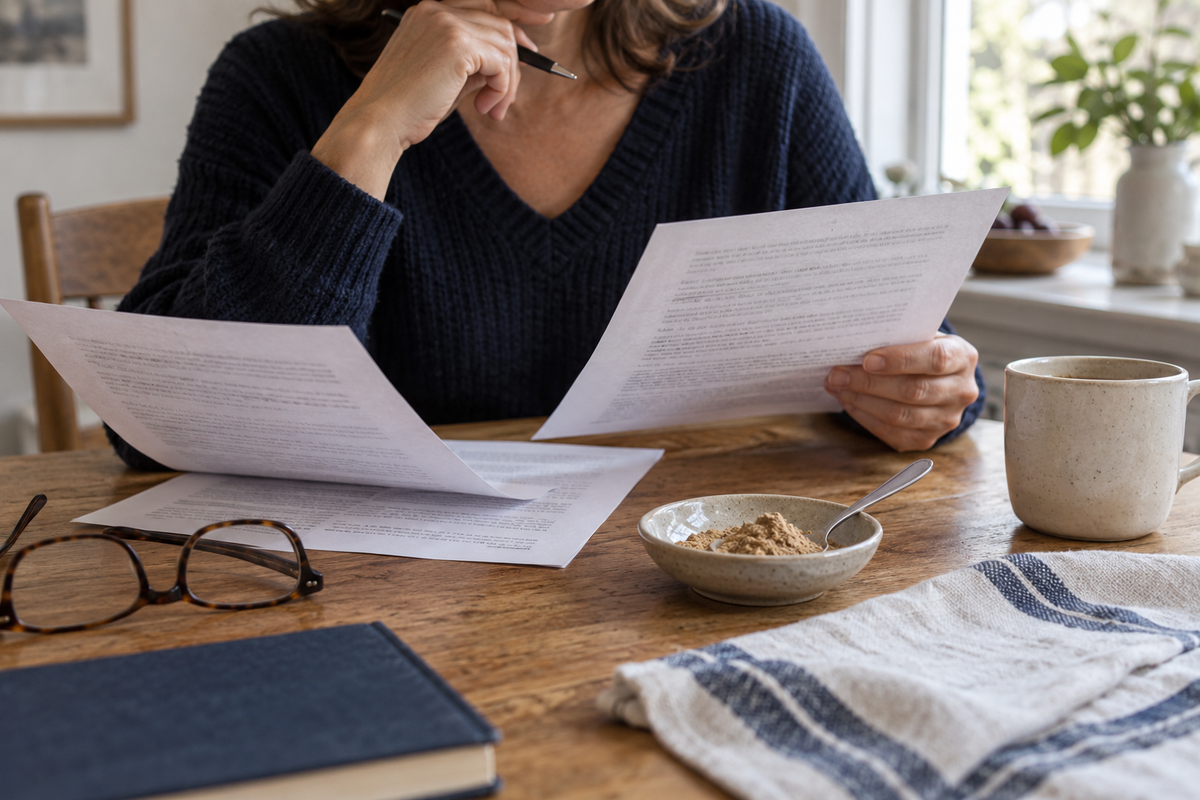Mujer comparando documentos impresos junto a un recipiente con polvo, unos lentes y una taza sobre la mesa.