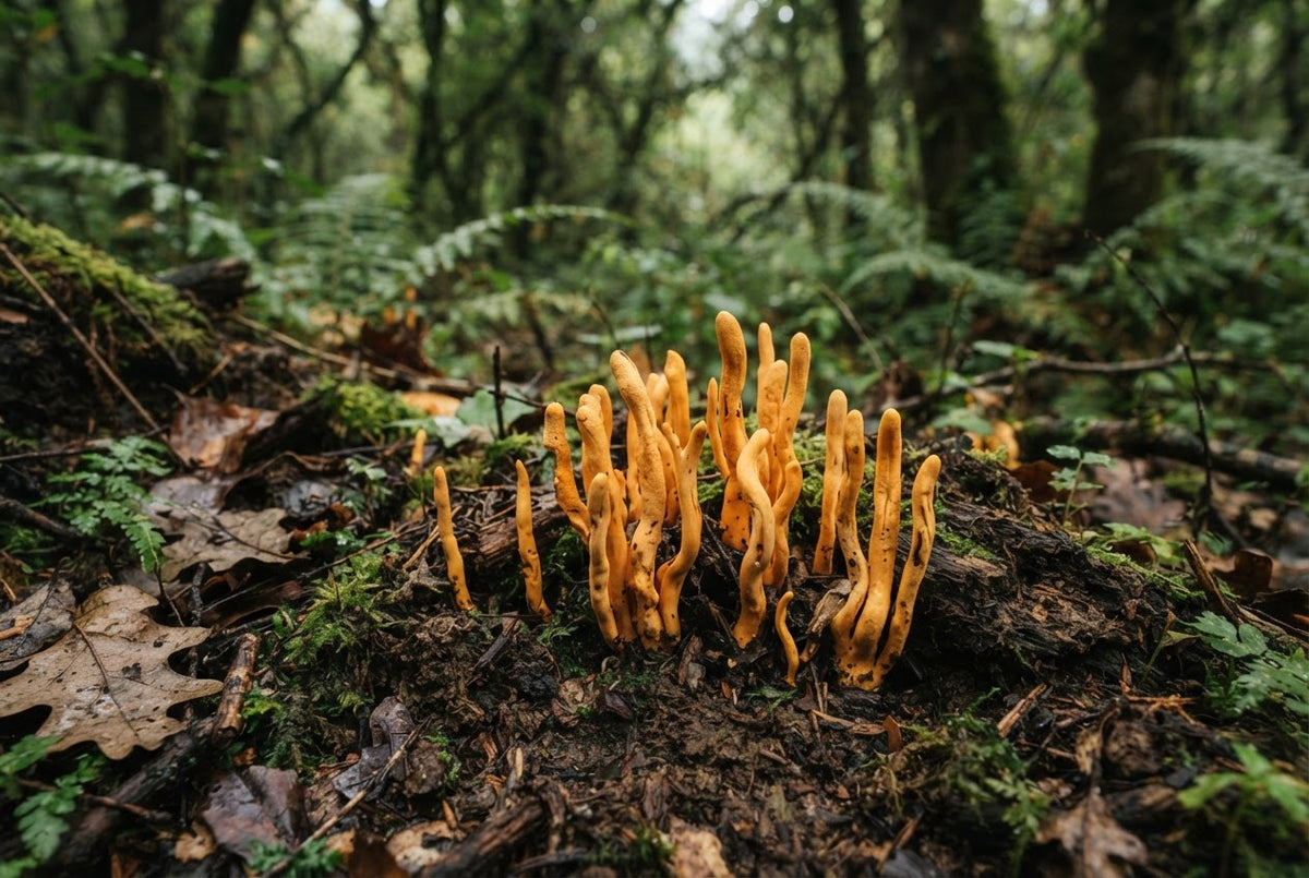 Setas Cordyceps dispuestas sobre una superficie de madera clara para una receta