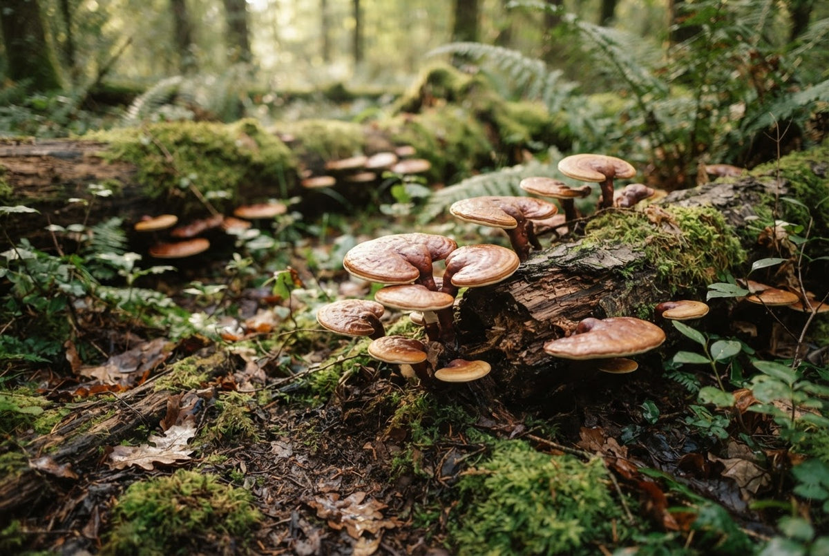Primer plano de hongos funcionales frescos sobre una superficie de madera natural