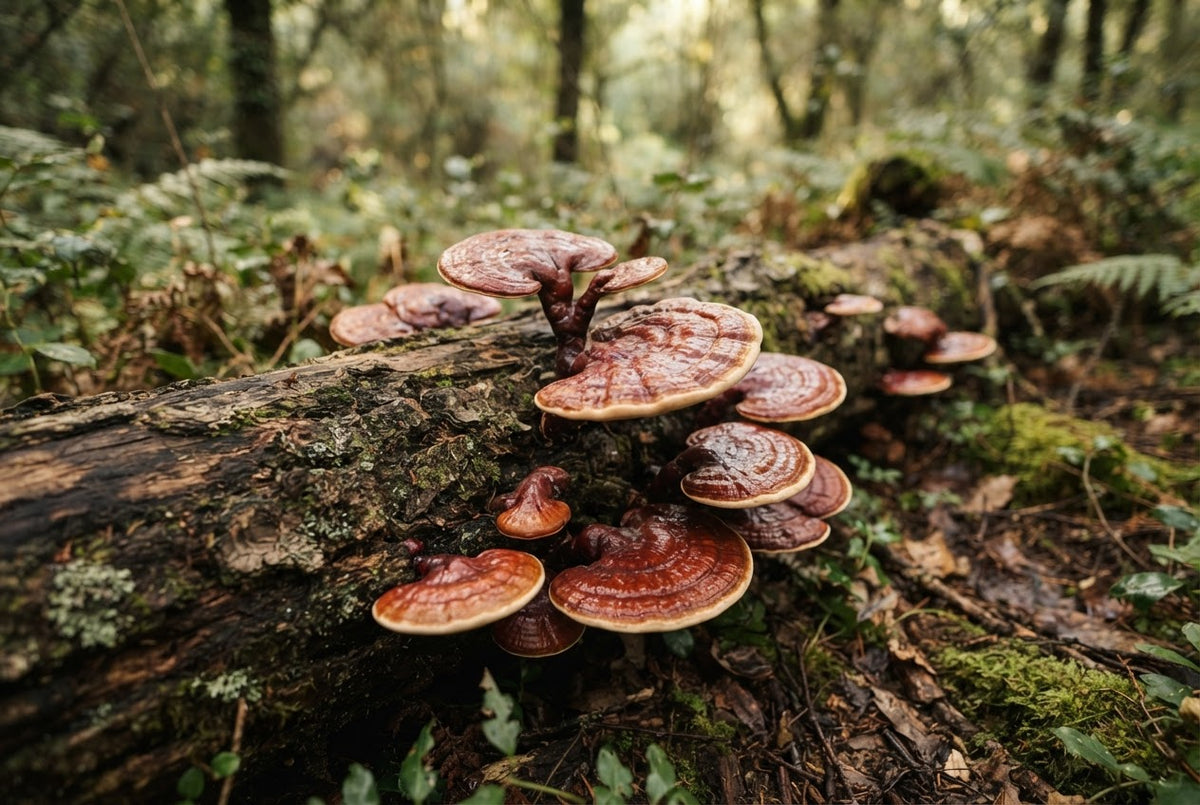 Hongo reishi seco dispuesto sobre una superficie de madera para ilustrar los formatos de suplementación