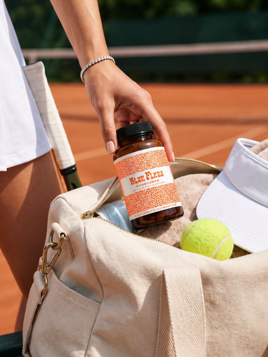 Frasco de Blue Flesh Cordyceps en una bolsa en cancha de tenis