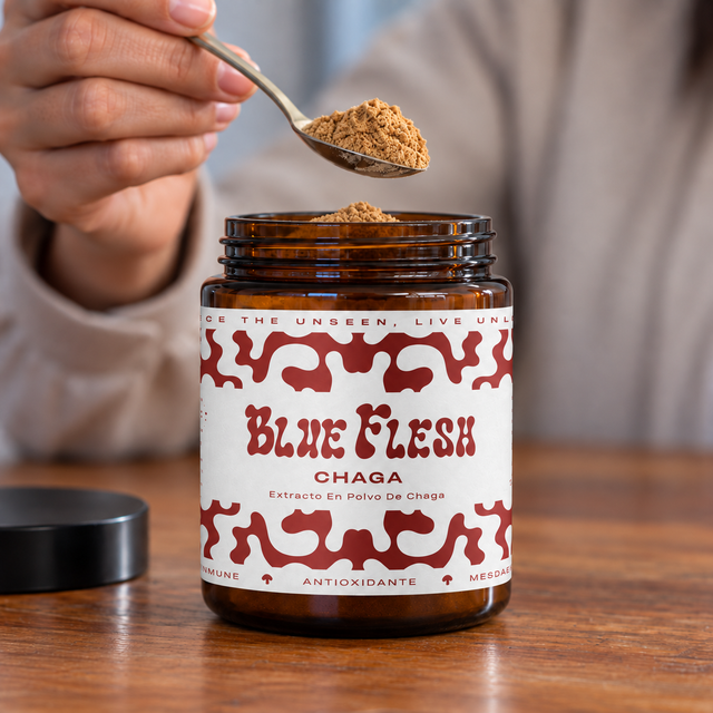 Mide tu porción: Chaga: extracto en polvo 100 g o 60 cápsulas Blue Flesh en polvo