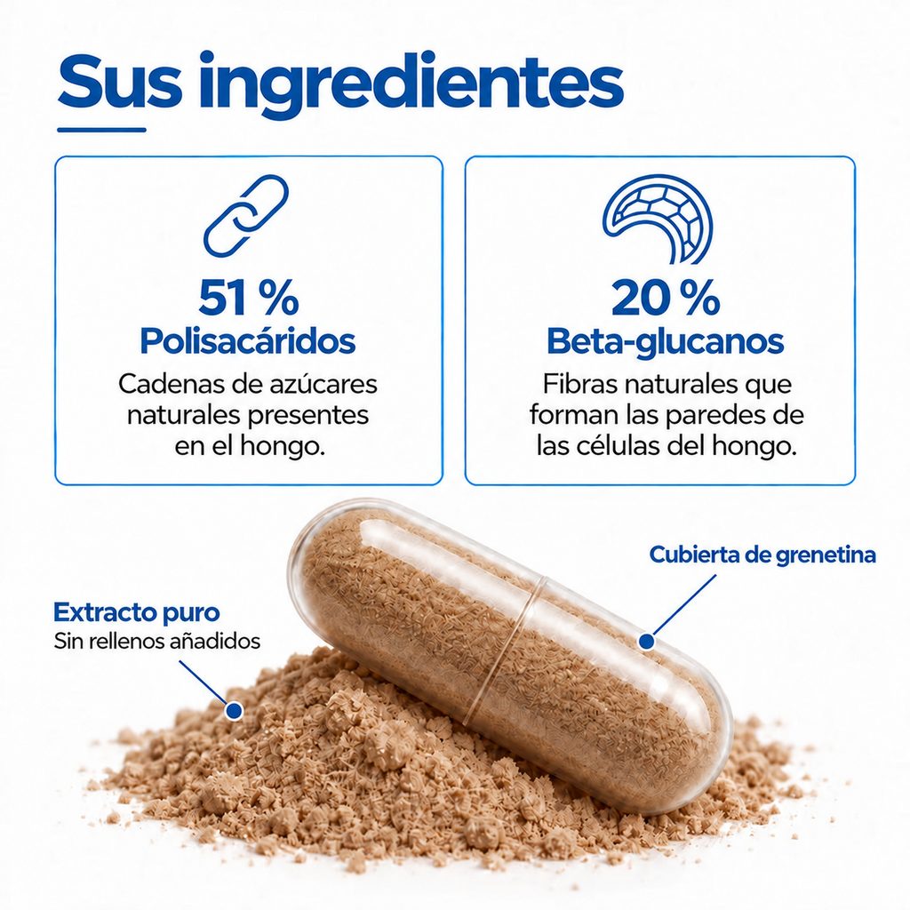 Ingredientes de Blue Flesh Cola de Pavo: 51% polisacáridos y 20% betaglucanos